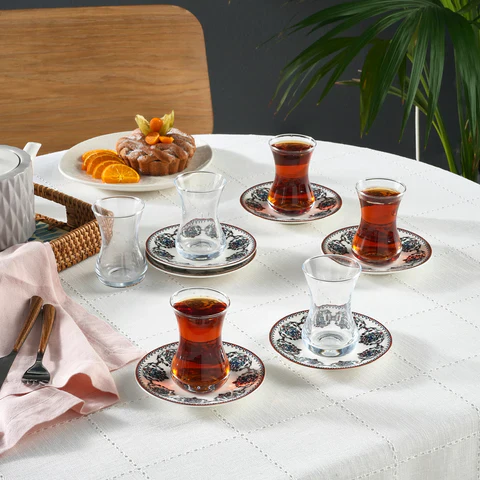 Service à Thé Turc Karaca Nakkas 12 Pièces en Bone China pour 6 Personnes, 130 ml, Rouge - Image 2