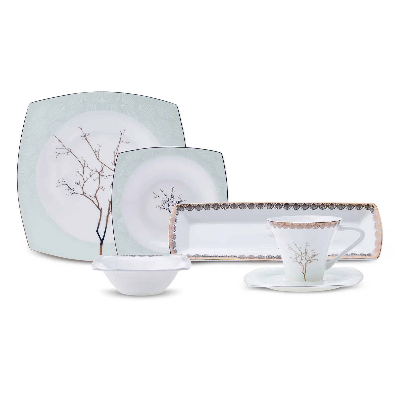 Service Petit Déjeuner Karaca Fine Pearl Banyan pour 6 personnes, 26 pièces carrées/rectangulaires