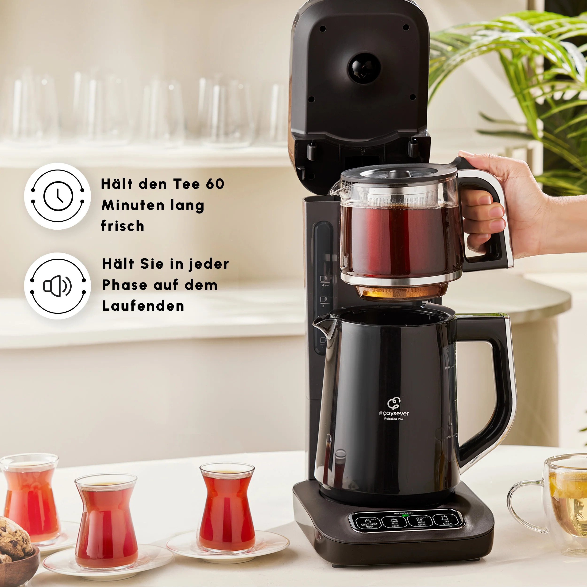 Théière Bouilloire et cafetière filtre Karaca Caysever Robotea Pro 4 en 1 automatique parlant, 2500W, chrome - Image 7