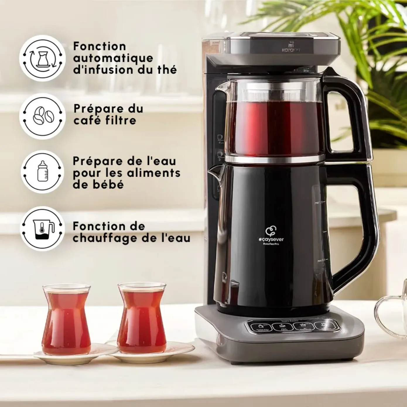 Théière Bouilloire et cafetière filtre Karaca Caysever Robotea Pro 4 en 1 automatique parlant, 2500W, space grey - Image 5